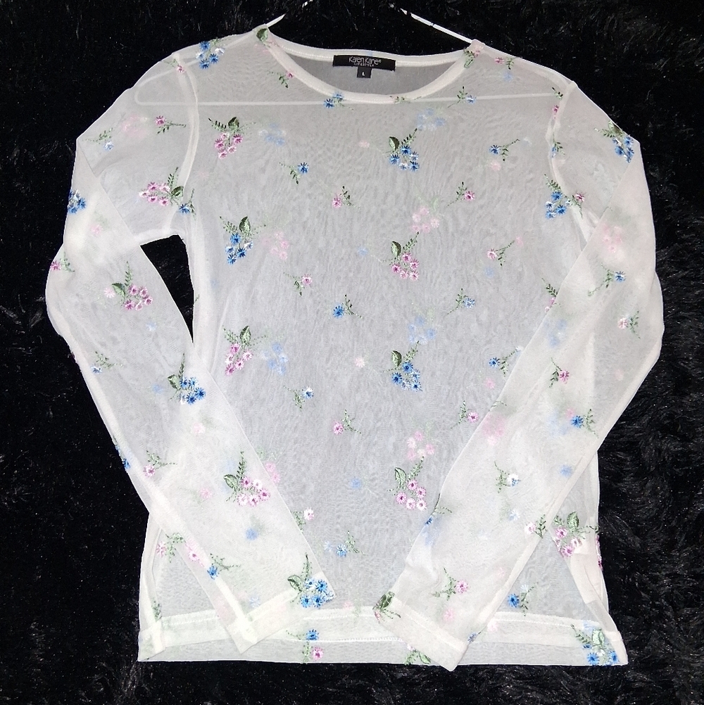 Karen Kane Y2K Embroidered Floral Sheer Mesh Top